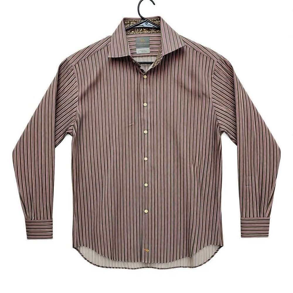 Thomas Dean Flip Cuff Shirt L Men Brown Red Stripe 100% Pima Cotton